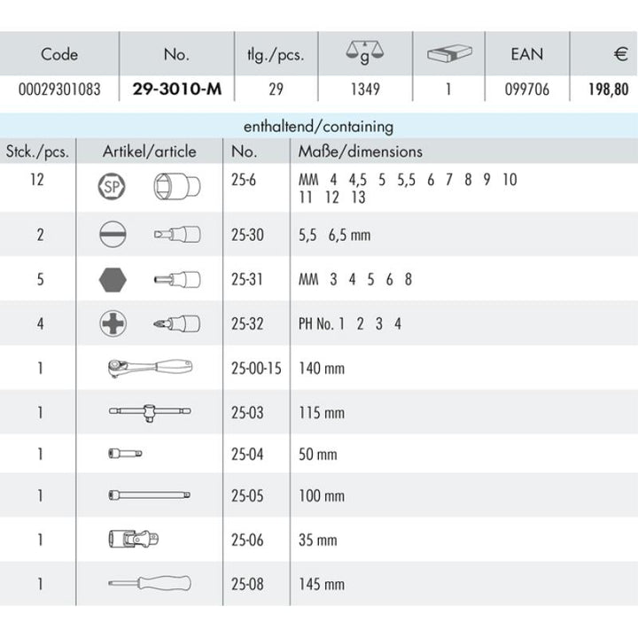Heyco 00029301083 Socket Set 1/4 Inch Drive, 29 Pieces