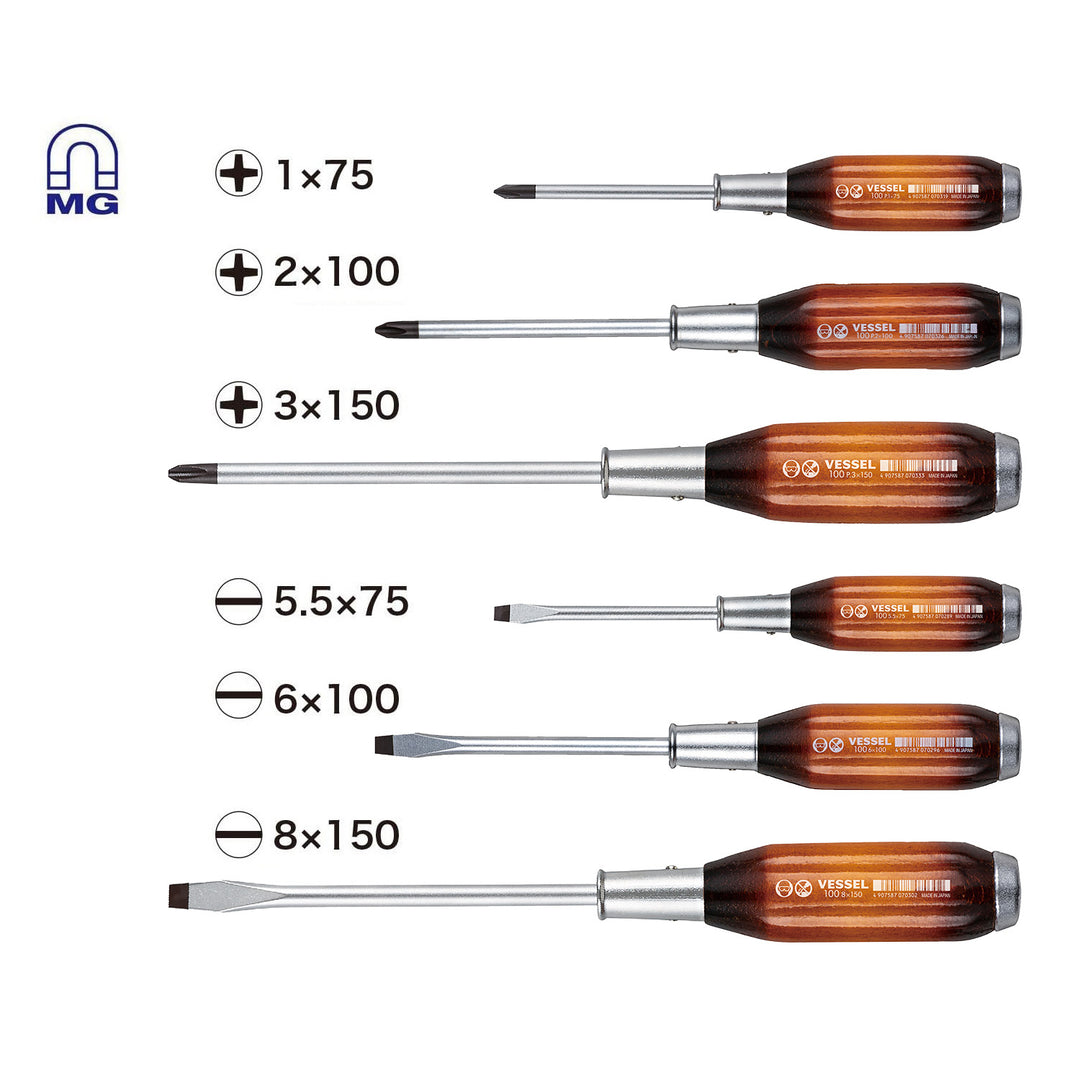 Vessel Tools 1006PBU Premium Wood Handle Tang-Thru Screwdriver Set, 6 Pc.