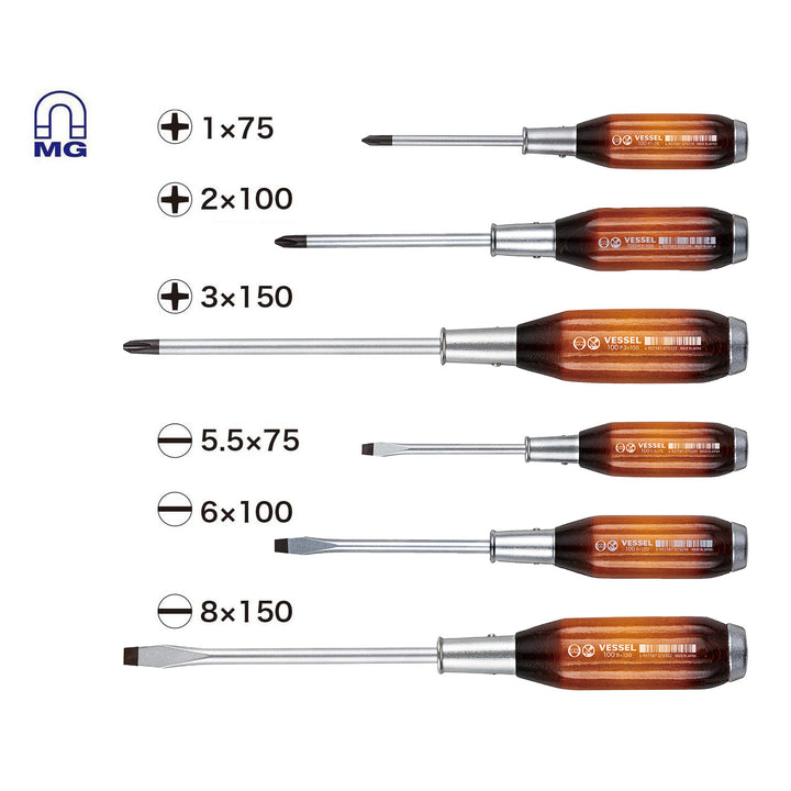 Vessel Tools 1006PBU Premium Wood Handle Tang-Thru Screwdriver Set, 6 Pc.