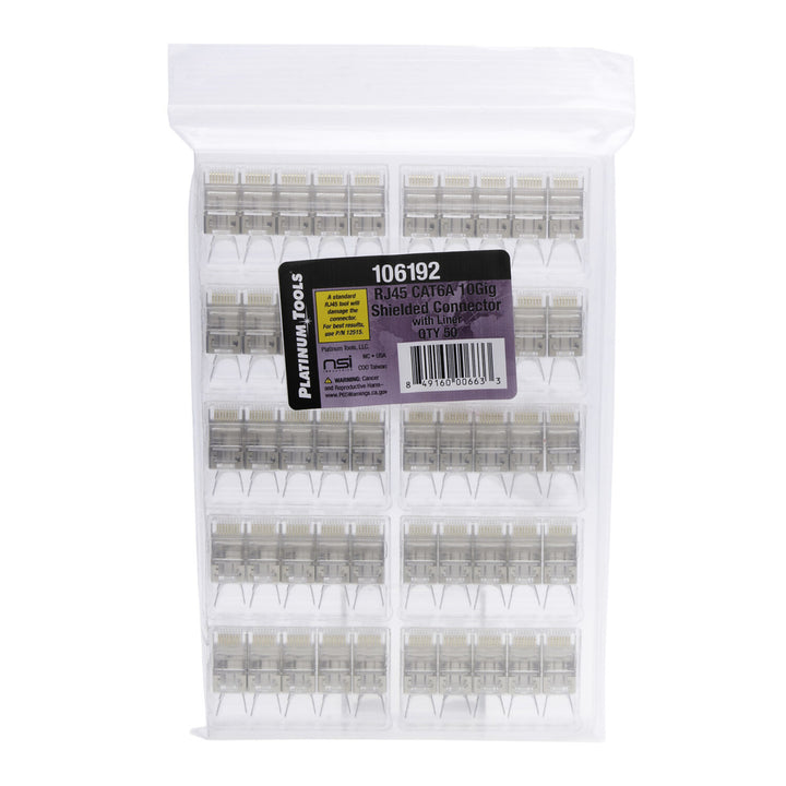 Platinum Tools 106192 10G RJ45 CAT6A Modular Plug, 8P8C, Shielded with External Ground, Round Solid Cable — 50pcs in Bulk Bag