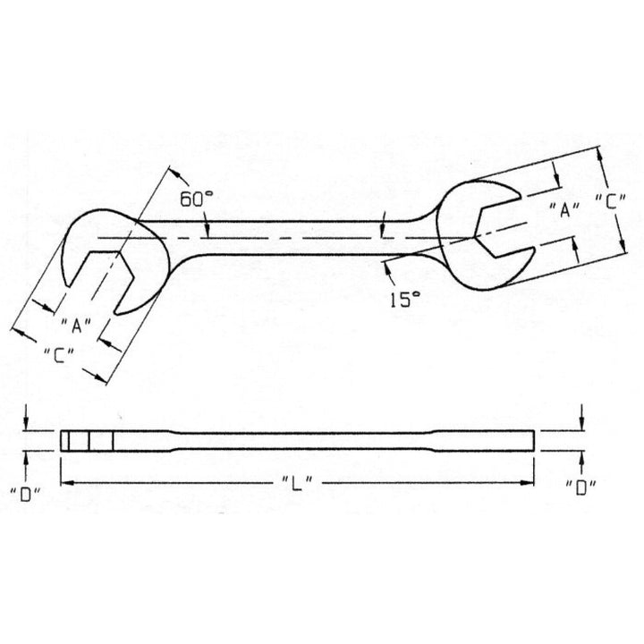 Wright Tool 1366 Open End Double Angle Wrench 15⁰ & 60⁰ Satin - 1/2" x 1/2"