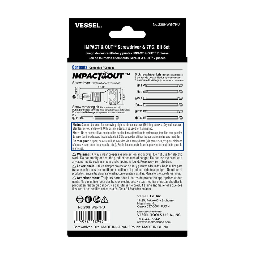 Vessel Tools 238HWB7PU Impact & Out Screwdriver with Assorted Bits, 9 Pc.