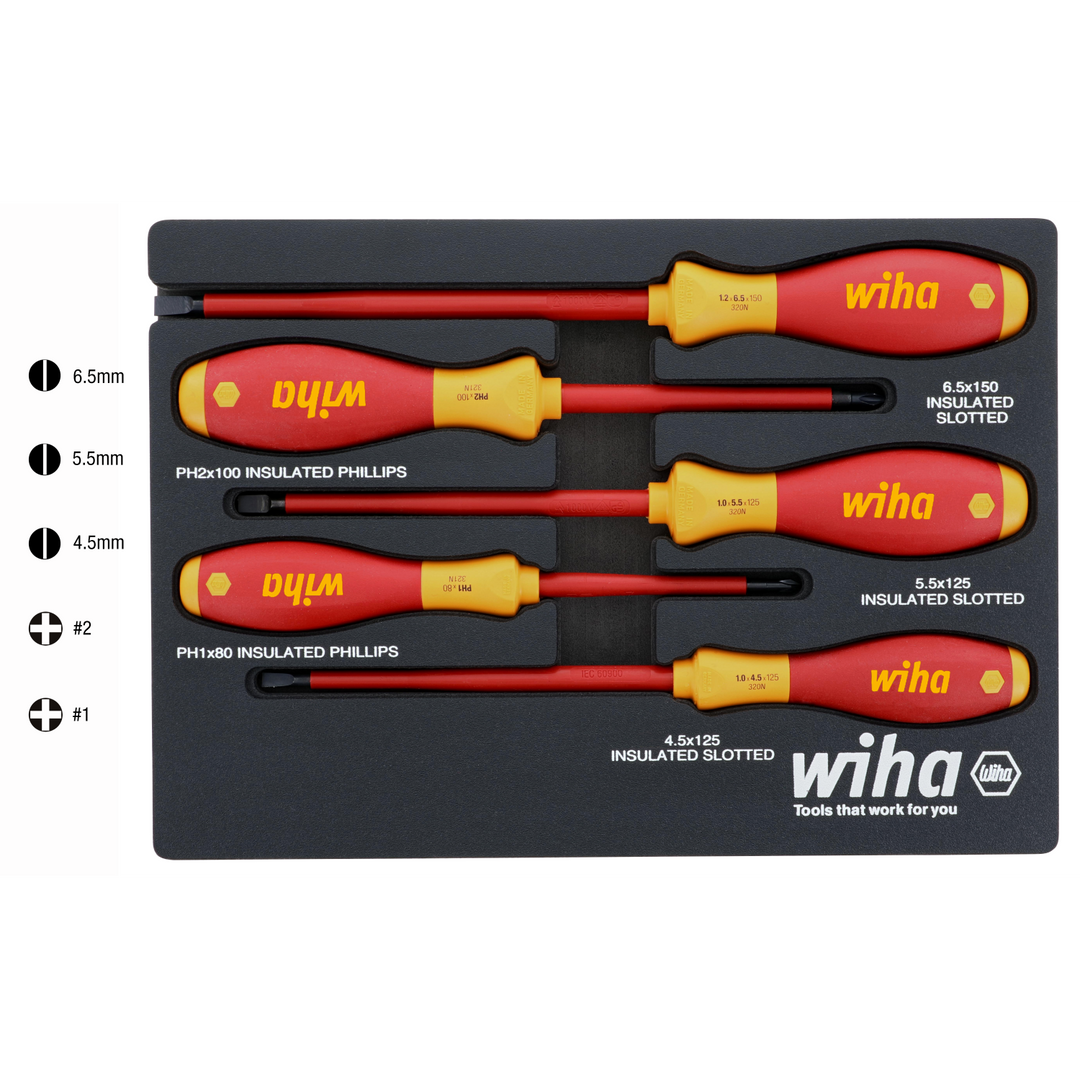 Wiha 32081 5 Piece Insulated SoftFinish Cushion Grip Screwdriver Tray Set
