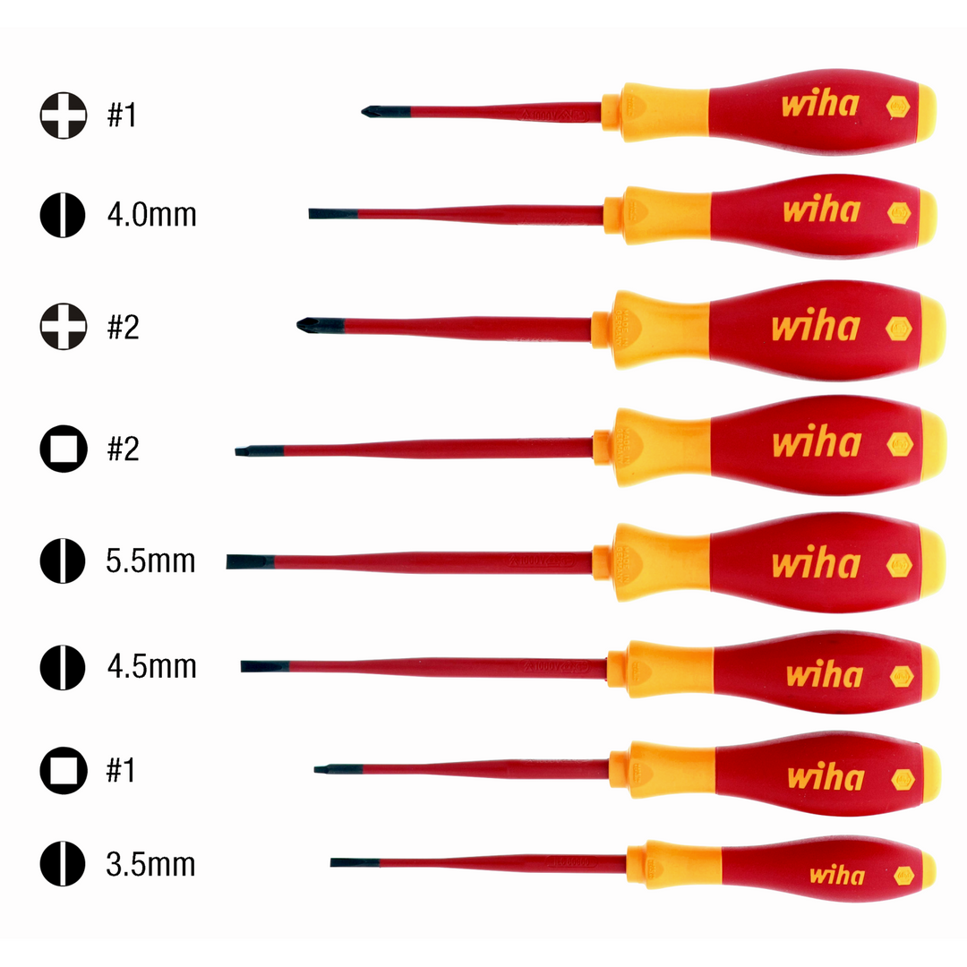 Wiha Tools 32197 Insulated SlimLine Slotted / Phillips / Square Screwdriver Set, 8 Pc.