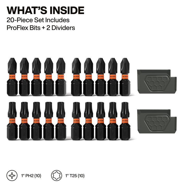 Klein Tools 33001S Proflex Impact-Rated Bit Set, Phillips #2 and TORX #25, 20 Pc.
