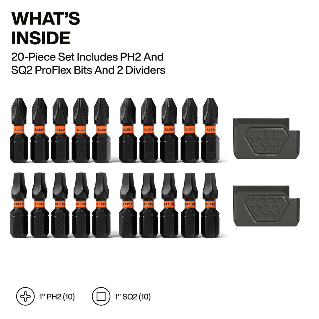 Klein Tools 33002S Slim ProFlex Impact-Rated Bit Set, Phillips #2 and Square #2, 20 Pc.