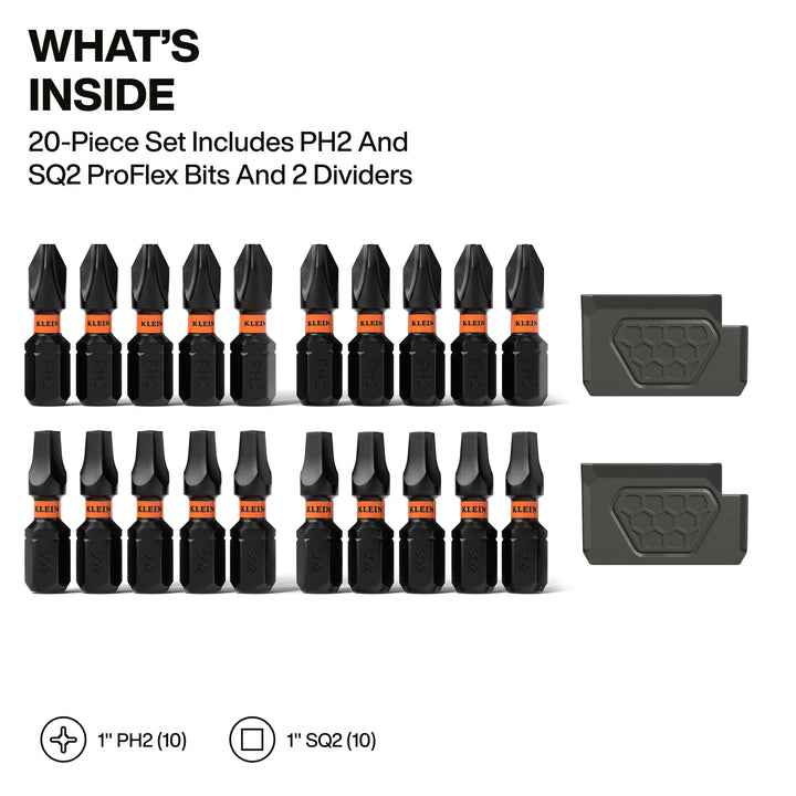 Klein Tools 33002S Slim ProFlex Impact-Rated Bit Set, Phillips #2 and Square #2, 20 Pc.