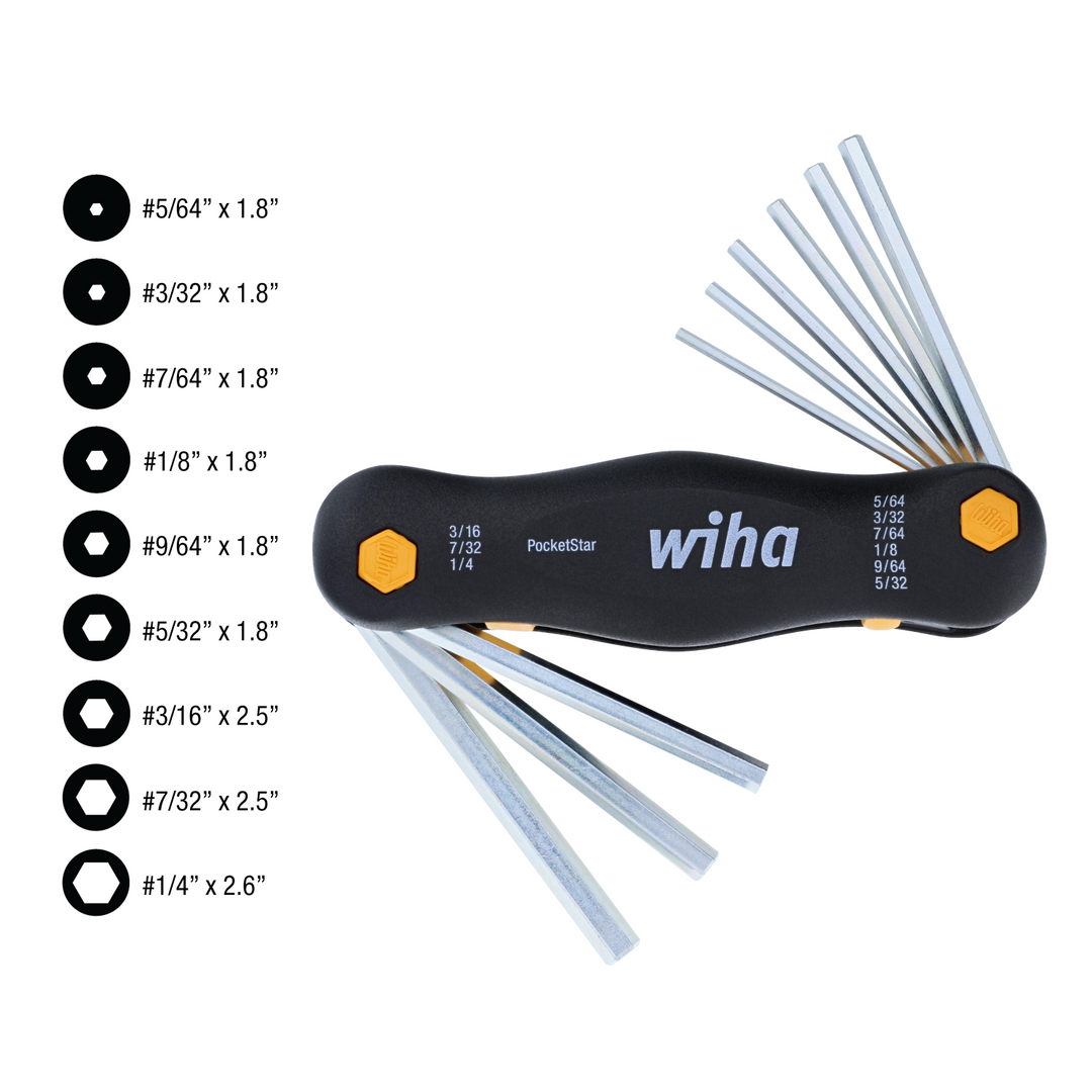 Wiha Tools 35197 PocketStar Fold Out Inch Hex Set, 5/64" - 1/4", 9 Pc.