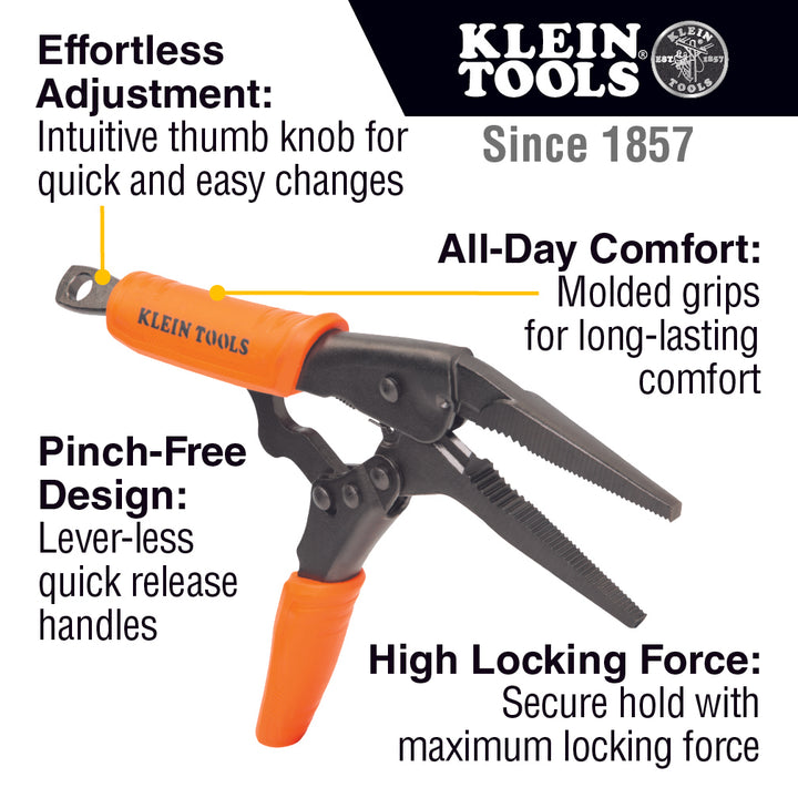 Klein Tools 38664 Locking Pliers Set, C-Clamp, Long Nose, Curved Jaw, 3 Pc.