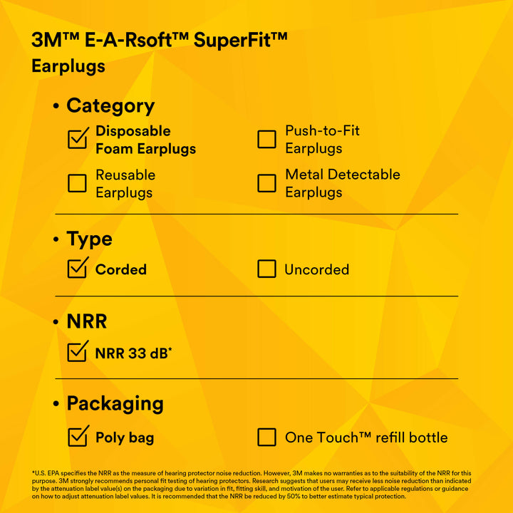 3M E-A-Rsoft SuperFit Earplugs 311-1254, Corded, Poly Bag, RegularSize