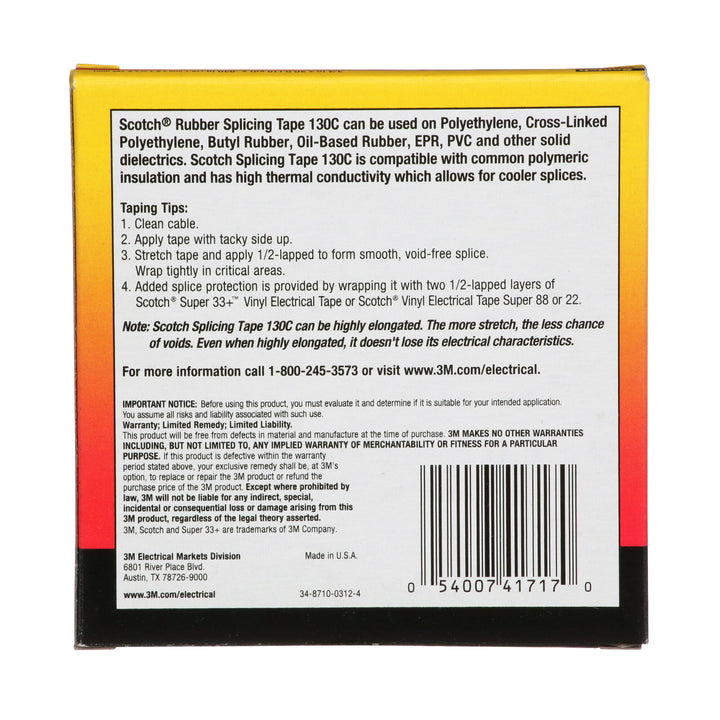 Scotch® Linerless Rubber Splicing Tape 130C, 3/4 in x 30 ft, Black