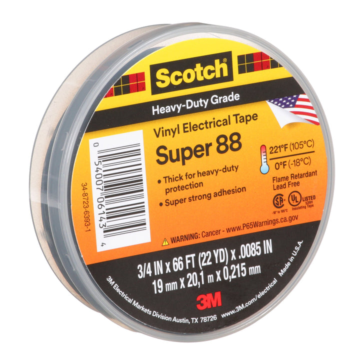 Scotch® Vinyl Electrical Tape Super 88, 3/4 in x 66 ft, Black, 10rolls/carton