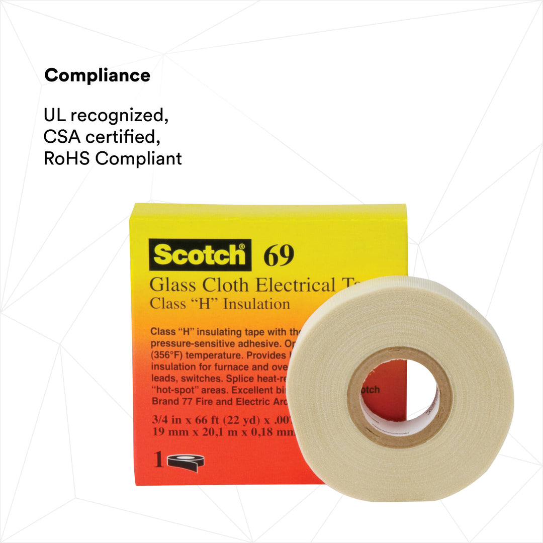 3M Glass Cloth Electrical Tape 69, 3/4 in x 36 yd, White