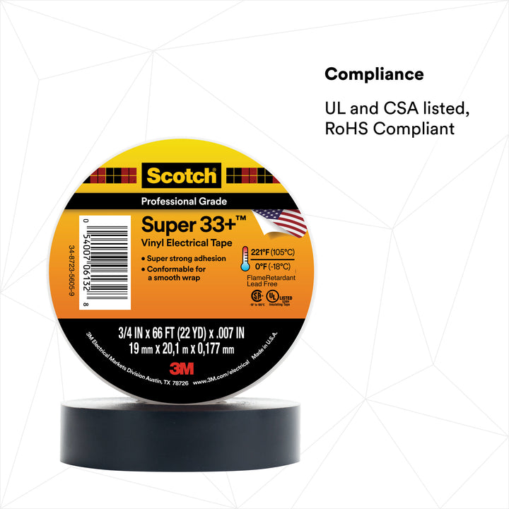 Scotch® Super 33+ Vinyl Electrical Tape, 1-1/2 in x 36 yd, 1-1/2 in
Core, Black