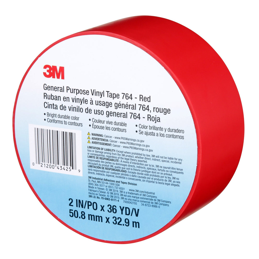 3M General Purpose Vinyl Tape 764, Red, 2 in x 36 yd, 5 mil, 24 Roll/Case