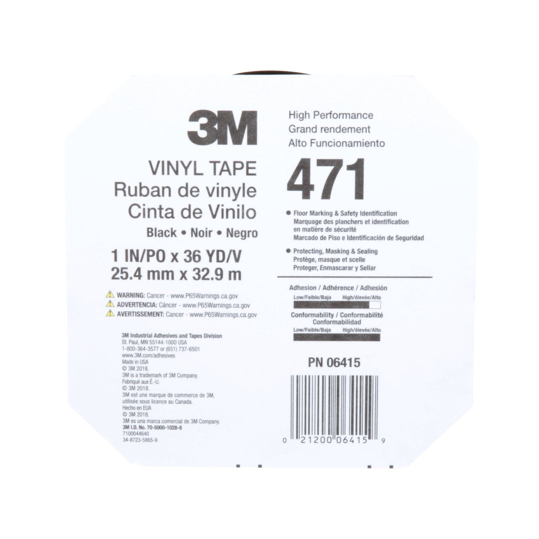 3M Vinyl Tape 471, Black, 1 in x 36 yd, 5.2 mil