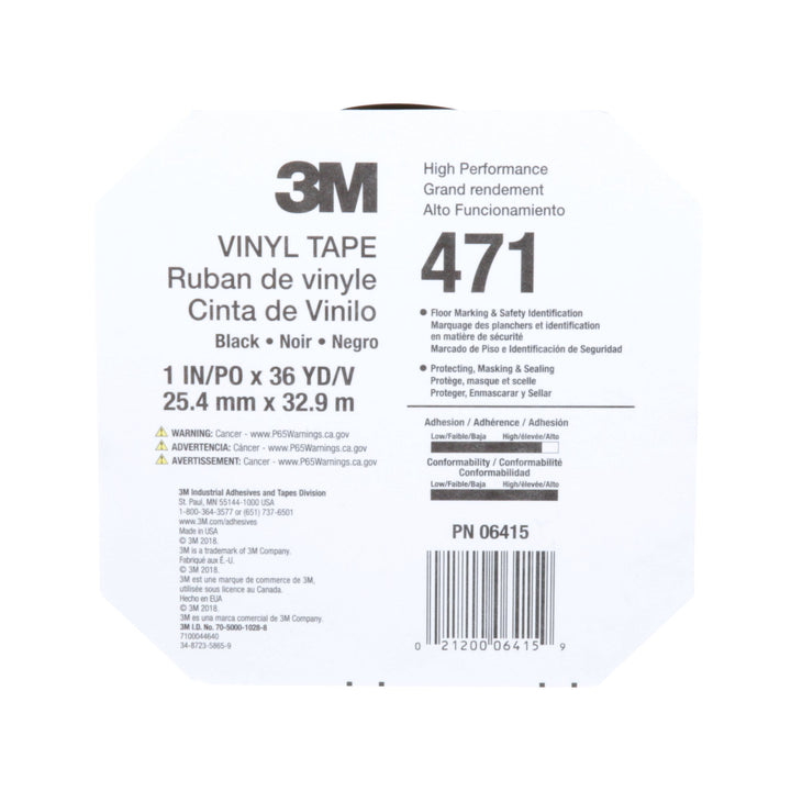 3M Vinyl Tape 471, Black, 1 in x 36 yd, 5.2 mil