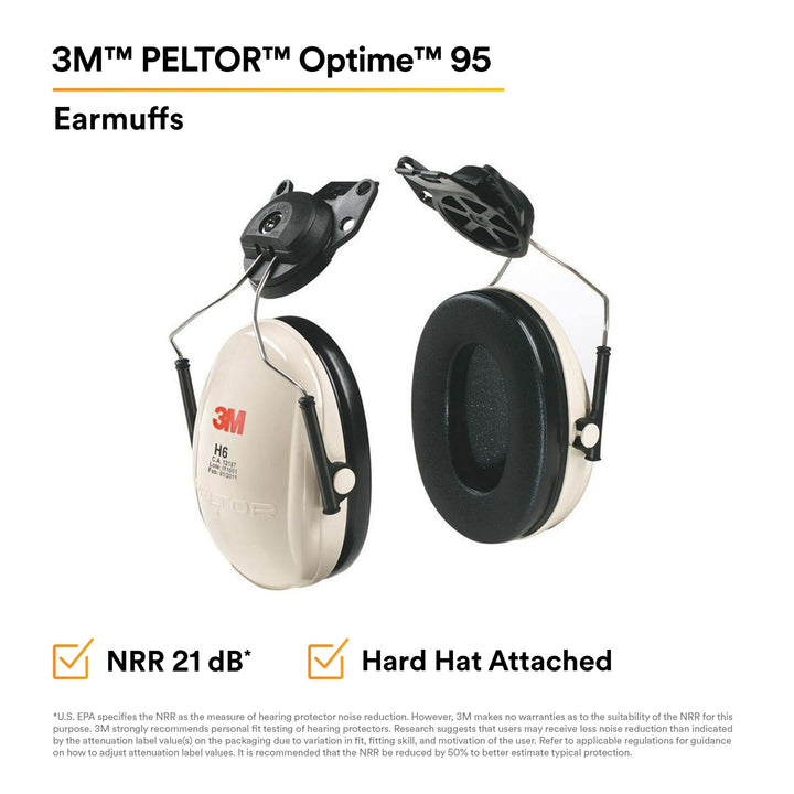 3M Peltor Optime 95 Cap-Mount Earmuffs, Hearing Conservation H6P3E/V10 EA/Case