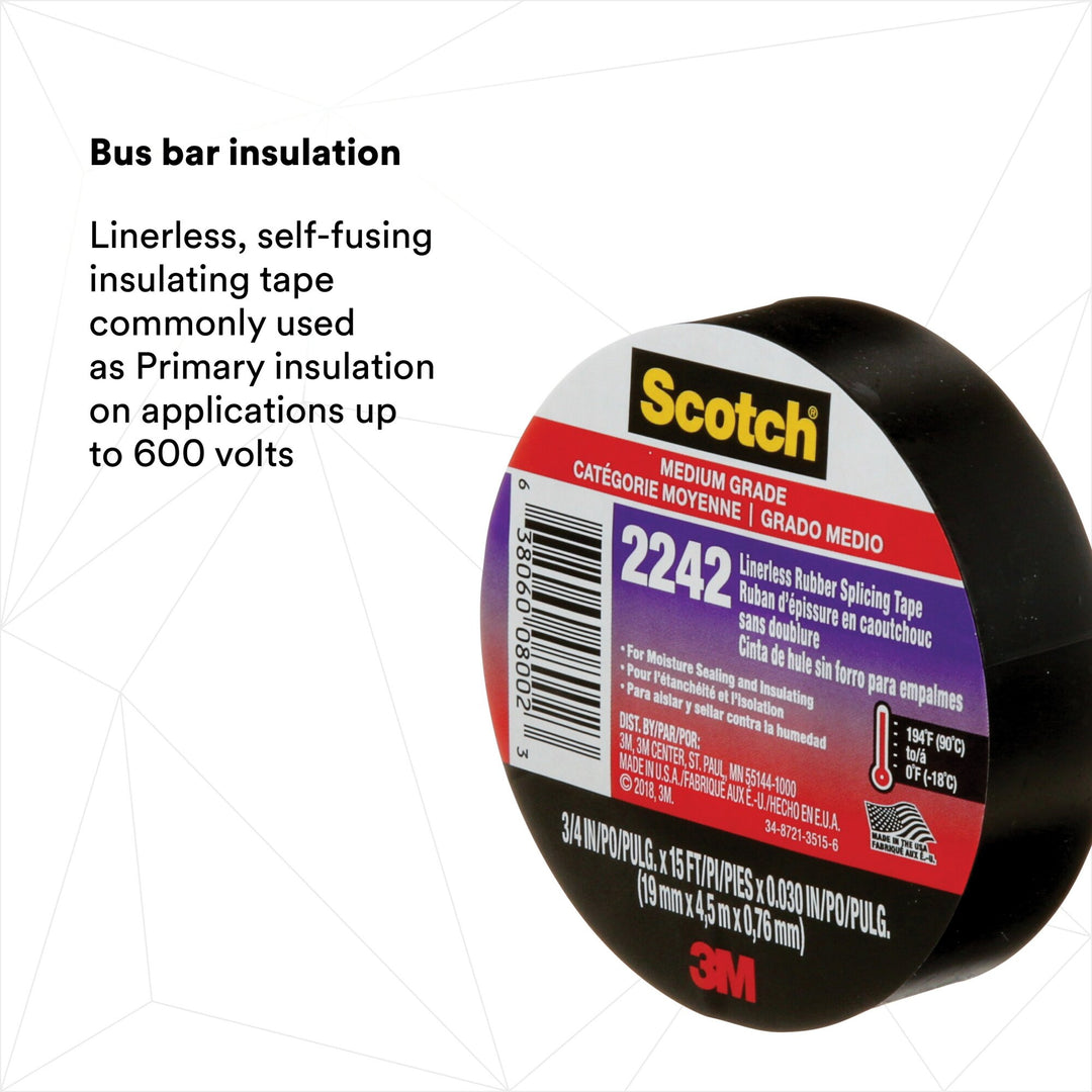 3M Linerless Electrical Rubber Tape 2242, 3/4 in x 15 ft, 1 in core,
Black