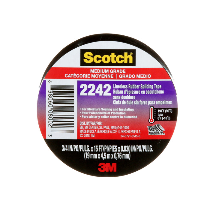 3M Linerless Electrical Rubber Tape 2242, 3/4 in x 15 ft, 1 in core,
Black