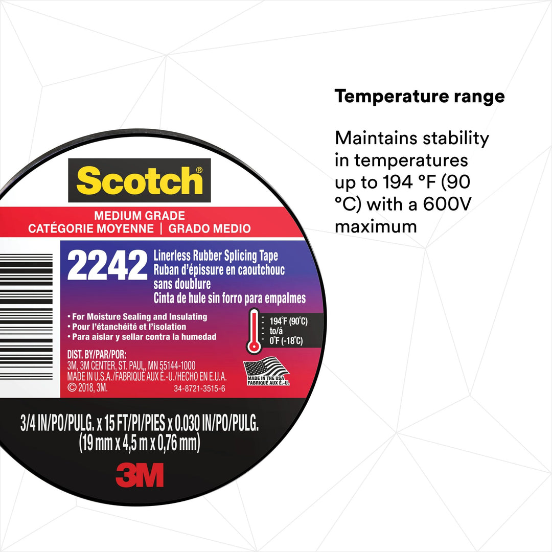3M Linerless Electrical Rubber Tape 2242, 3/4 in x 15 ft, 1 in core,
Black