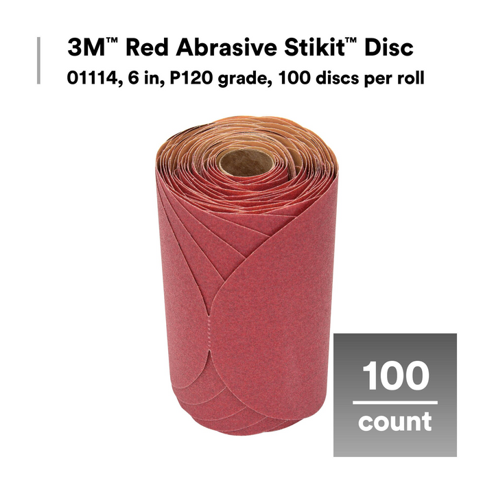 3M Red Abrasive Stikit Disc, 01114, 6 in, P120 grade, 100 discs per
roll