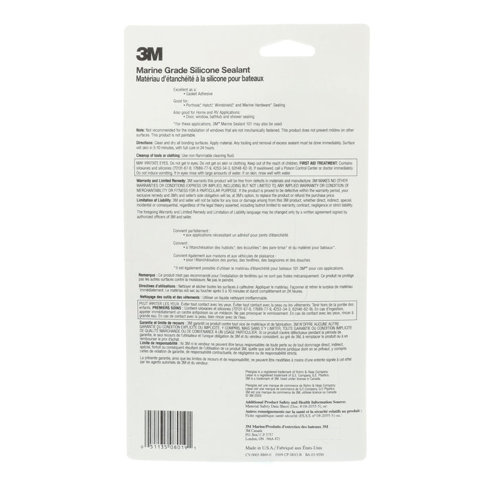 3M Marine Grade Silicone Sealant, Clear, PN08019, 3 oz Tube