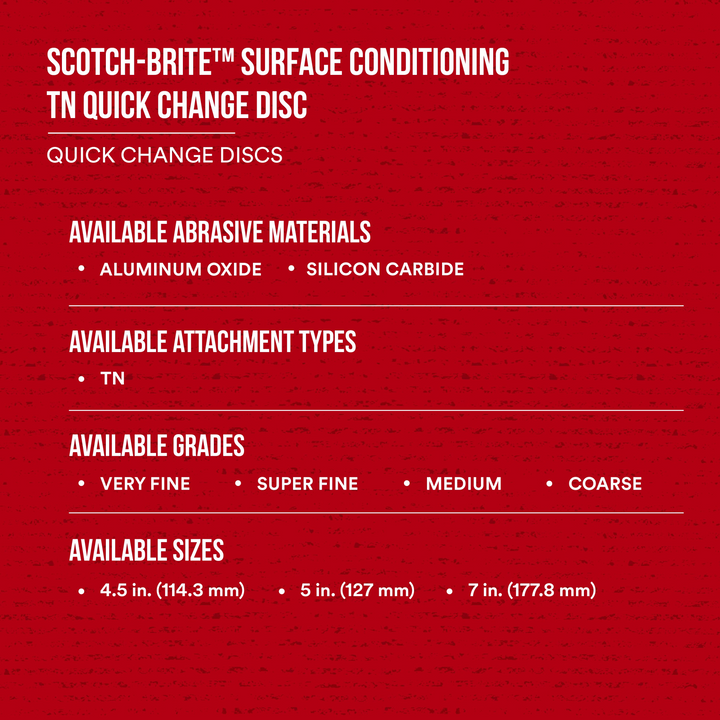 Scotch-Brite Surface Conditioning TN Quick Change Disc, SC-DN, A/O
Medium, 5 in