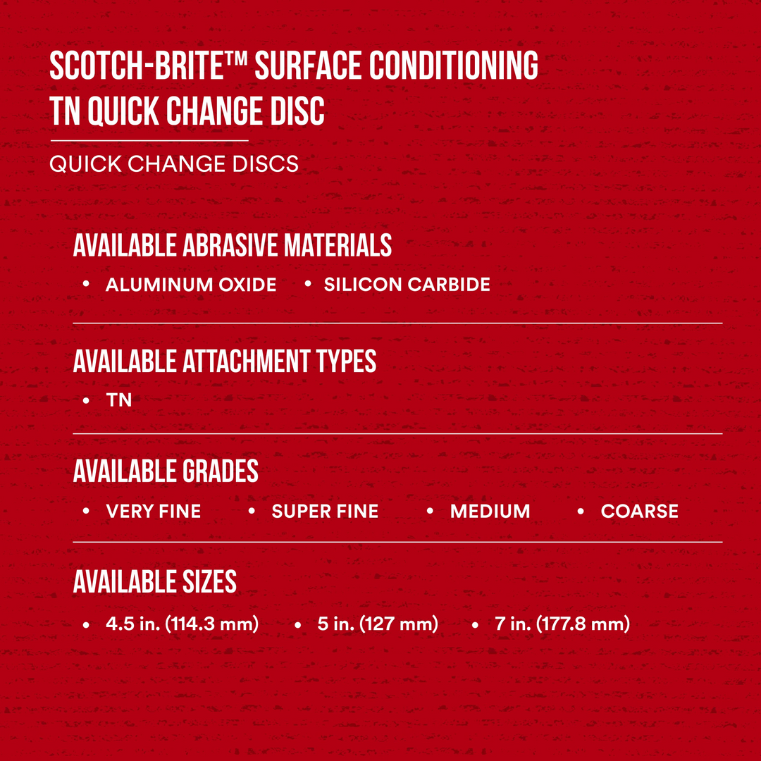 Scotch-Brite Surface Conditioning TN Quick Change Disc, SC-DN, A/O
Coarse, 5 in