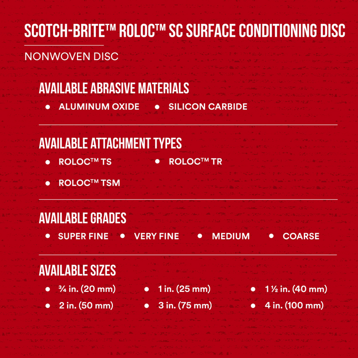 Scotch-Brite Roloc Surface Conditioning Disc, SC-DM, A/O Very Fine,
TSM, 3 in