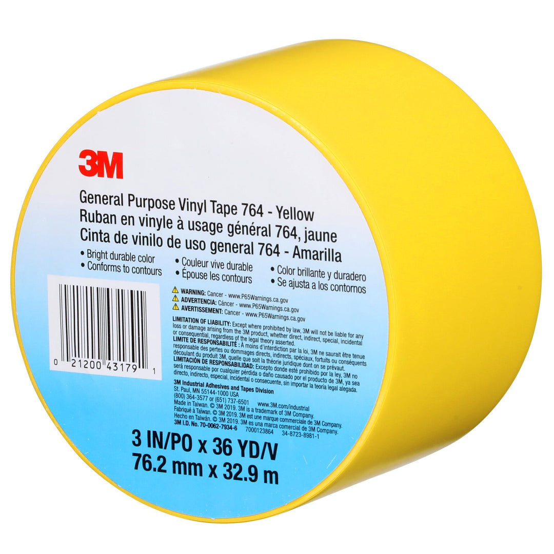 3M General Purpose Vinyl Tape 764, Yellow, 3 in x 36 yd, 5 mil, 12 Roll/Case
