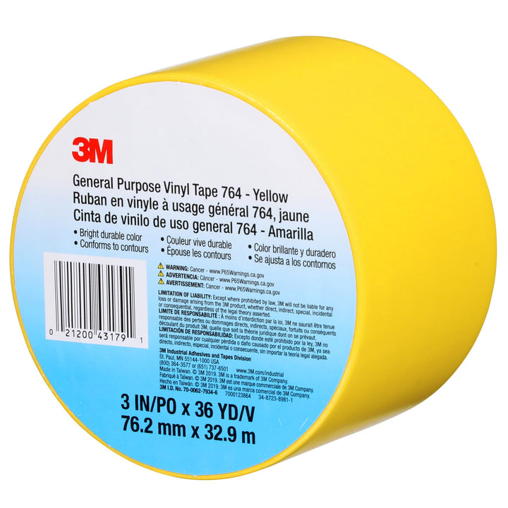 3M General Purpose Vinyl Tape 764, Yellow, 3 in x 36 yd, 5 mil, 12 Roll/Case