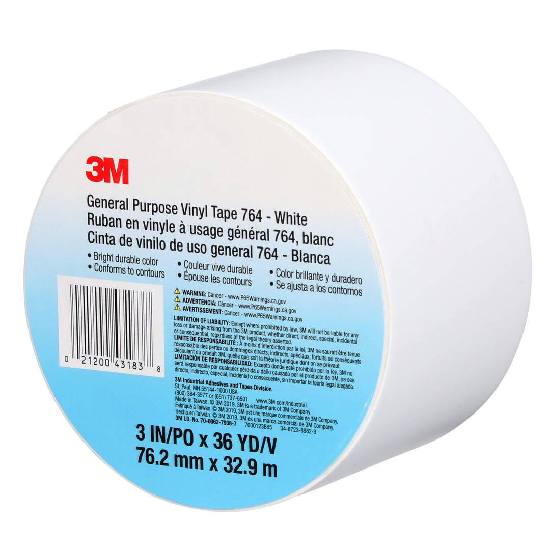 3M General Purpose Vinyl Tape 764, White, 3 in x 36 yd, 5 mil, 12 Roll/Case