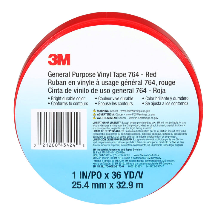 3M General Purpose Vinyl Tape 764, Red, 1 in x 36 yd, 5 mil, 36 Roll/Case
