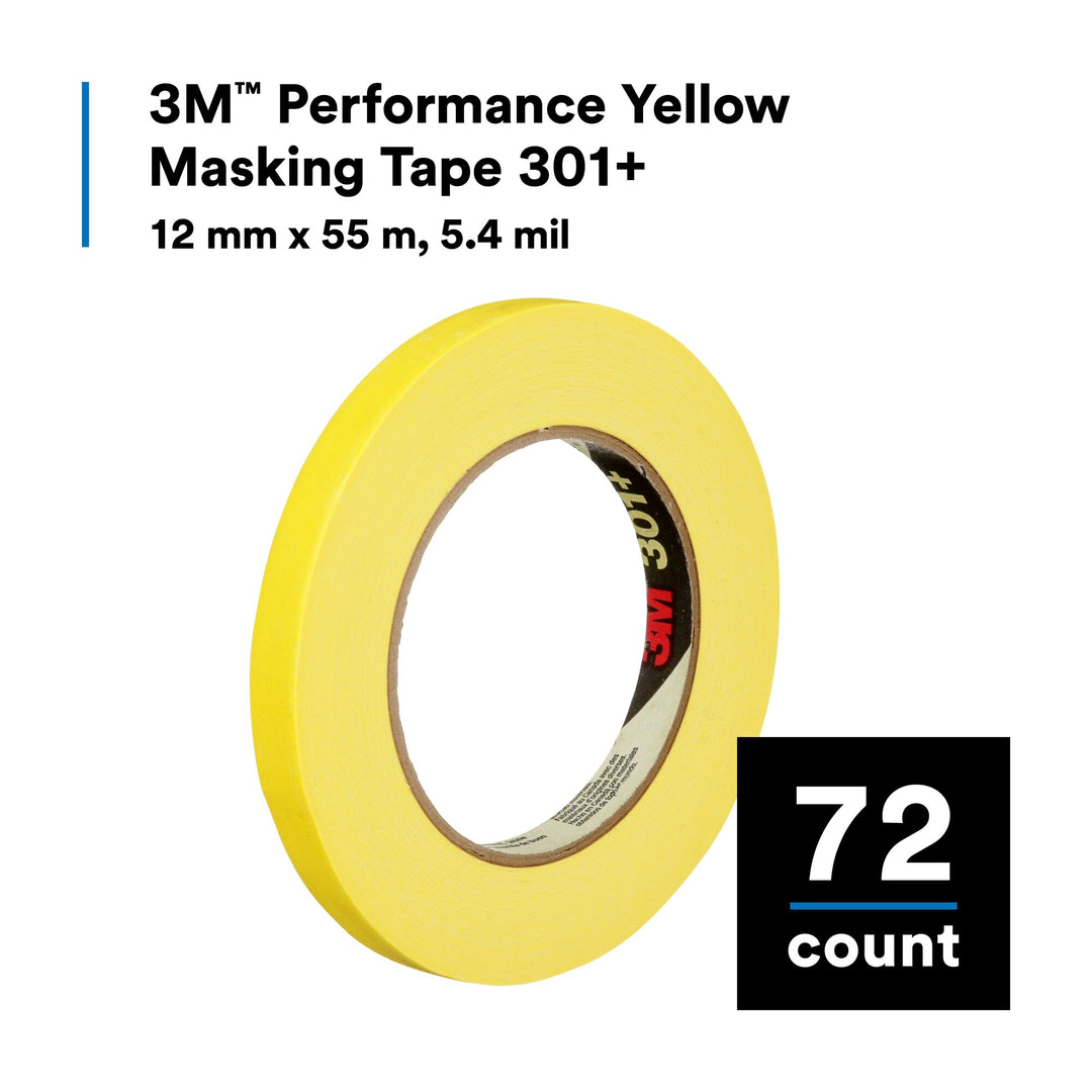 3M Performance Yellow Masking Tape 301+, 12 mm x 55 m, 6.3 mil