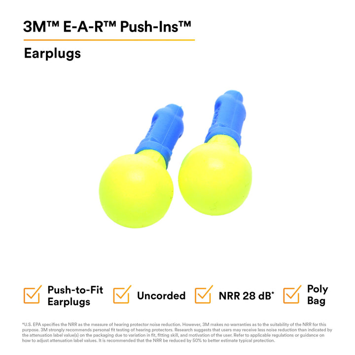 3M E-A-R Push-Ins Earplugs 318-1000, Uncorded, Poly Bag