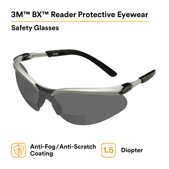 3M BX Reader Protective Eyewear 11377-00000-20, Grey Lens, SilverFrame