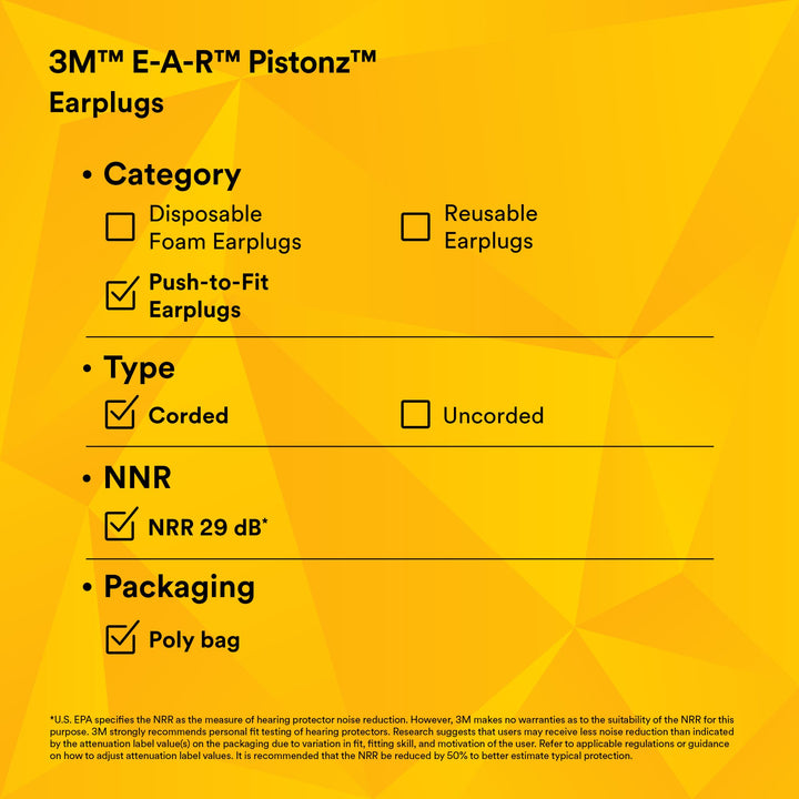 3M E-A-R Pistonz Earplugs P1401, Corded