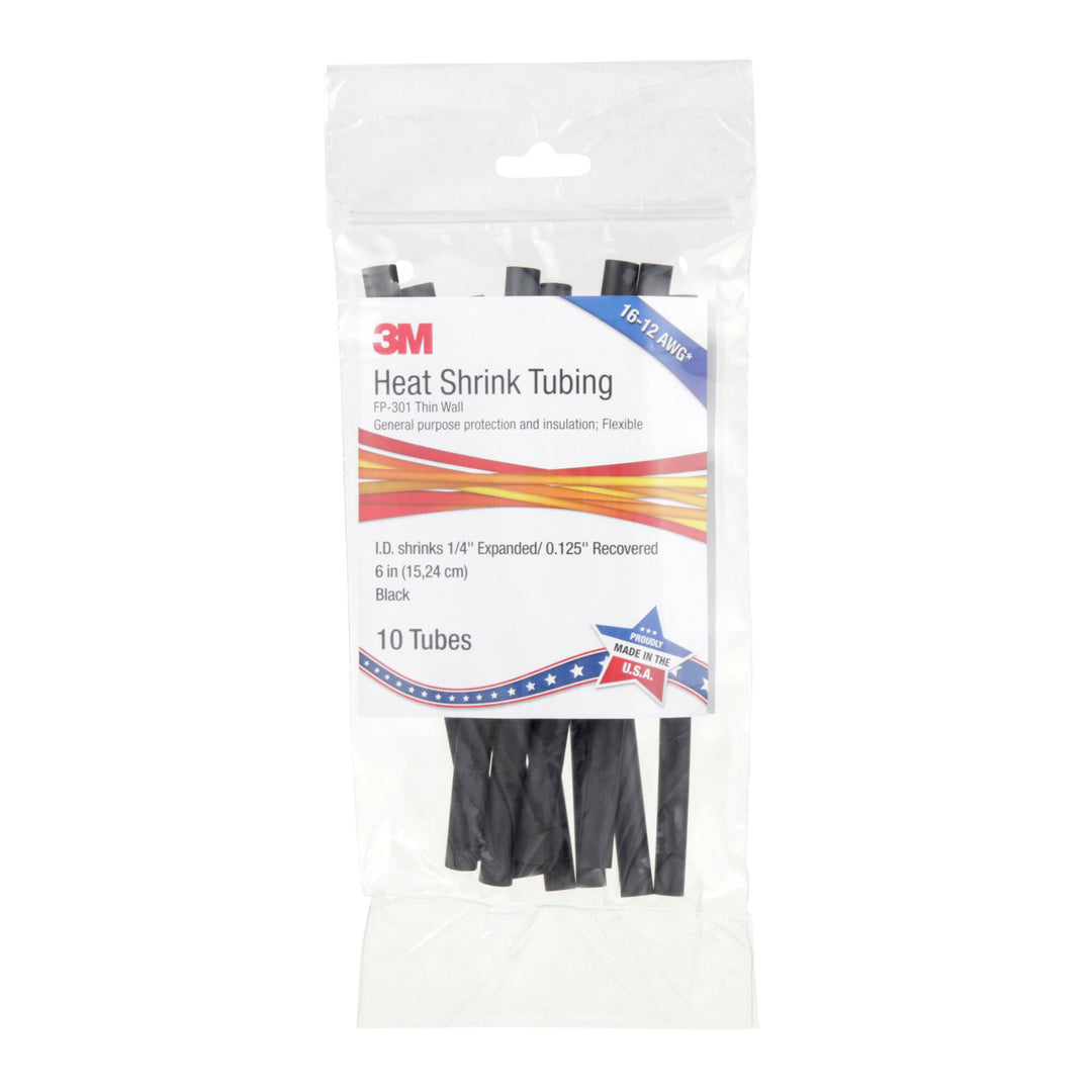 3M Heat Shrink Thin-Wall Tubing FP-301-1/4-6"-Black-10-10 Pc Pks