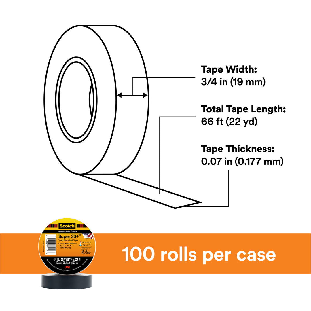 Scotch® Super 33+ Vinyl Electrical Tape, 3/4 in x 66 ft, 1-1/2 in Core,
Black