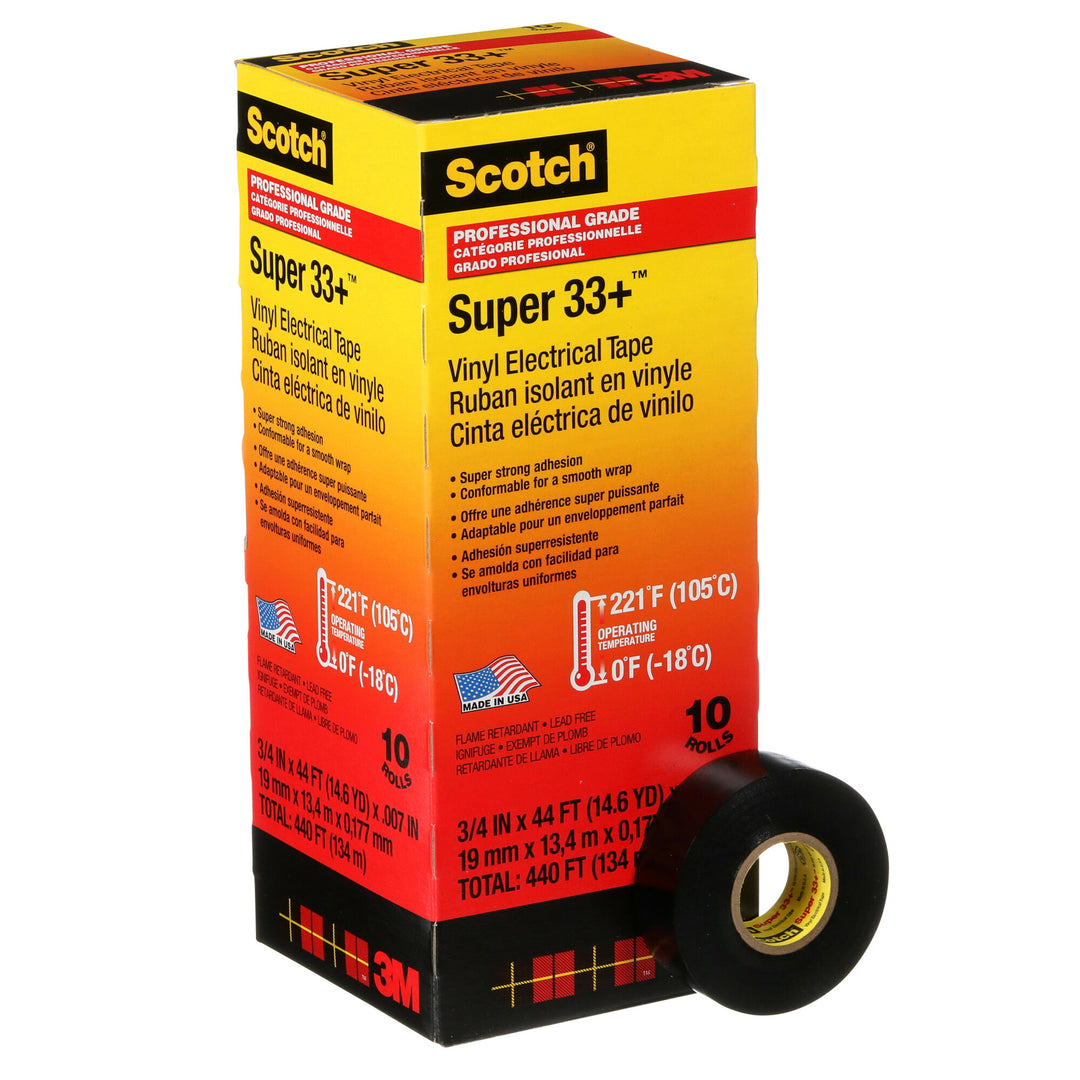 Scotch® Super 33+ Vinyl Electrical Tape, 3/4 in x 44 ft, Black, 10
rolls/carton