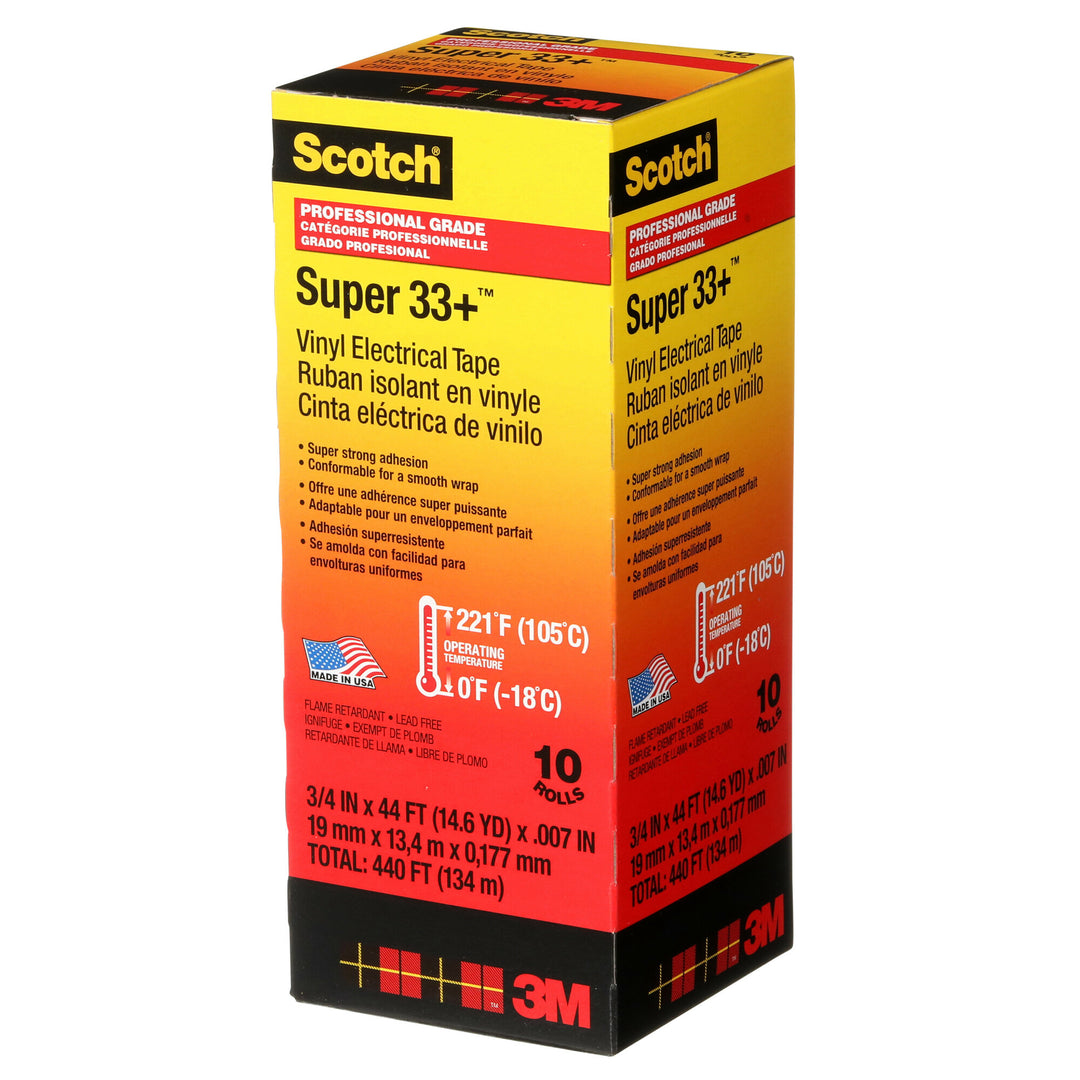 Scotch® Super 33+ Vinyl Electrical Tape, 3/4 in x 44 ft, Black, 10
rolls/carton