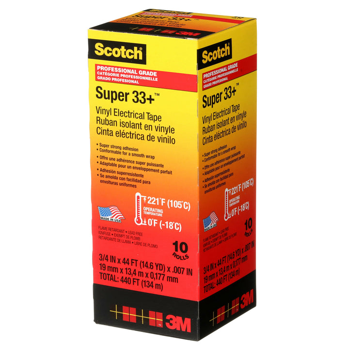 Scotch® Super 33+ Vinyl Electrical Tape, 3/4 in x 44 ft, Black, 10
rolls/carton