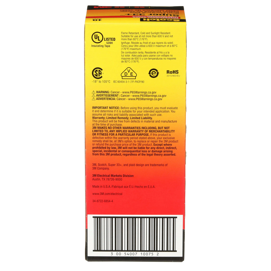 Scotch® Super 33+ Vinyl Electrical Tape, 3/4 in x 44 ft, Black, 10
rolls/carton