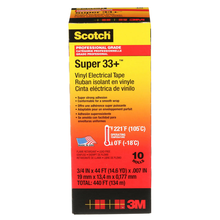Scotch® Super 33+ Vinyl Electrical Tape, 3/4 in x 44 ft, Black, 10
rolls/carton