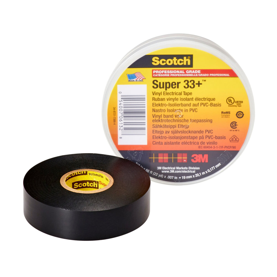 Scotch® Super 33+ Vinyl Electrical Tape, 3/4 in x 52 ft, Black, 10
rolls/carton