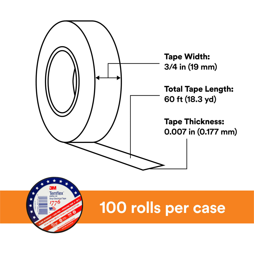 3M Temflex Vinyl Electrical Tape 1776, 3/4 in x ‎60 ft, 1-1/2 in Core,
Black