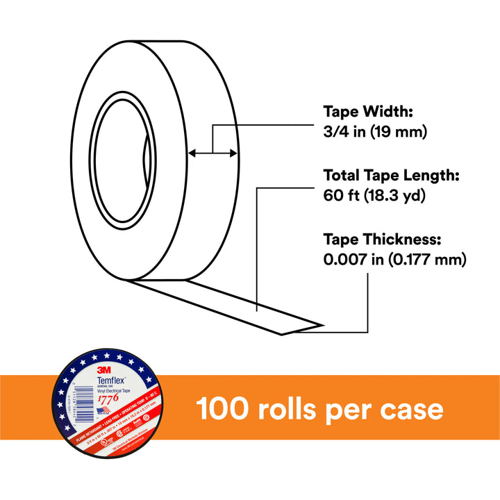 3M Temflex Vinyl Electrical Tape 1776, 3/4 in x ‎60 ft, 1-1/2 in Core,
Black