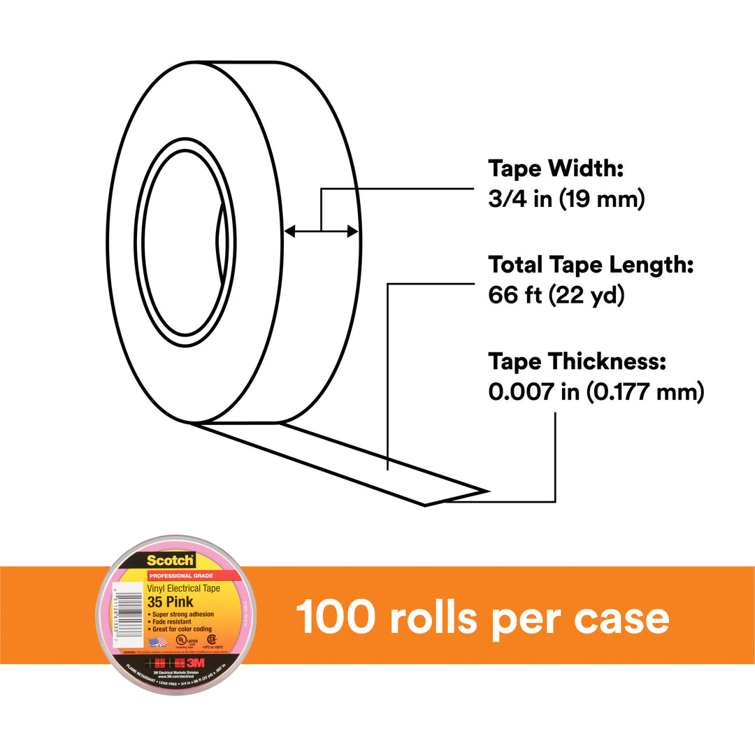 Scotch® Vinyl Color Coding Electrical Tape 35, 3/4 in x 66 ft, Pink