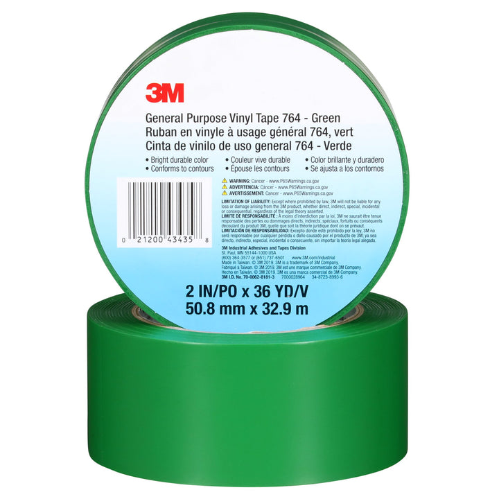 3M General Purpose Vinyl Tape 764, Green, 3 in x 36 yd, 5 mil, 12 Roll/Case